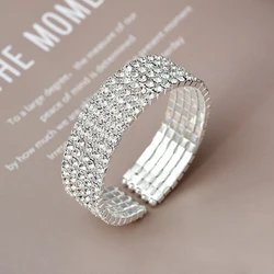 Classic Multilayer Shiny Crystal Rhinestone Cuff Bracelets Bangles Women Wristband Gold Silver Color Wedding Bracelet Jewelry