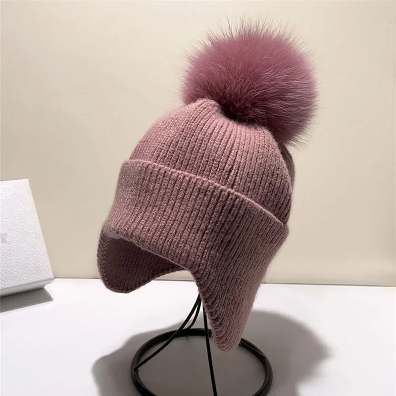 Solid Hat Women Knitted High Quality Ear Flap Wool Cap With Natural Fox Fur Pompom Female Winter Warm Caps