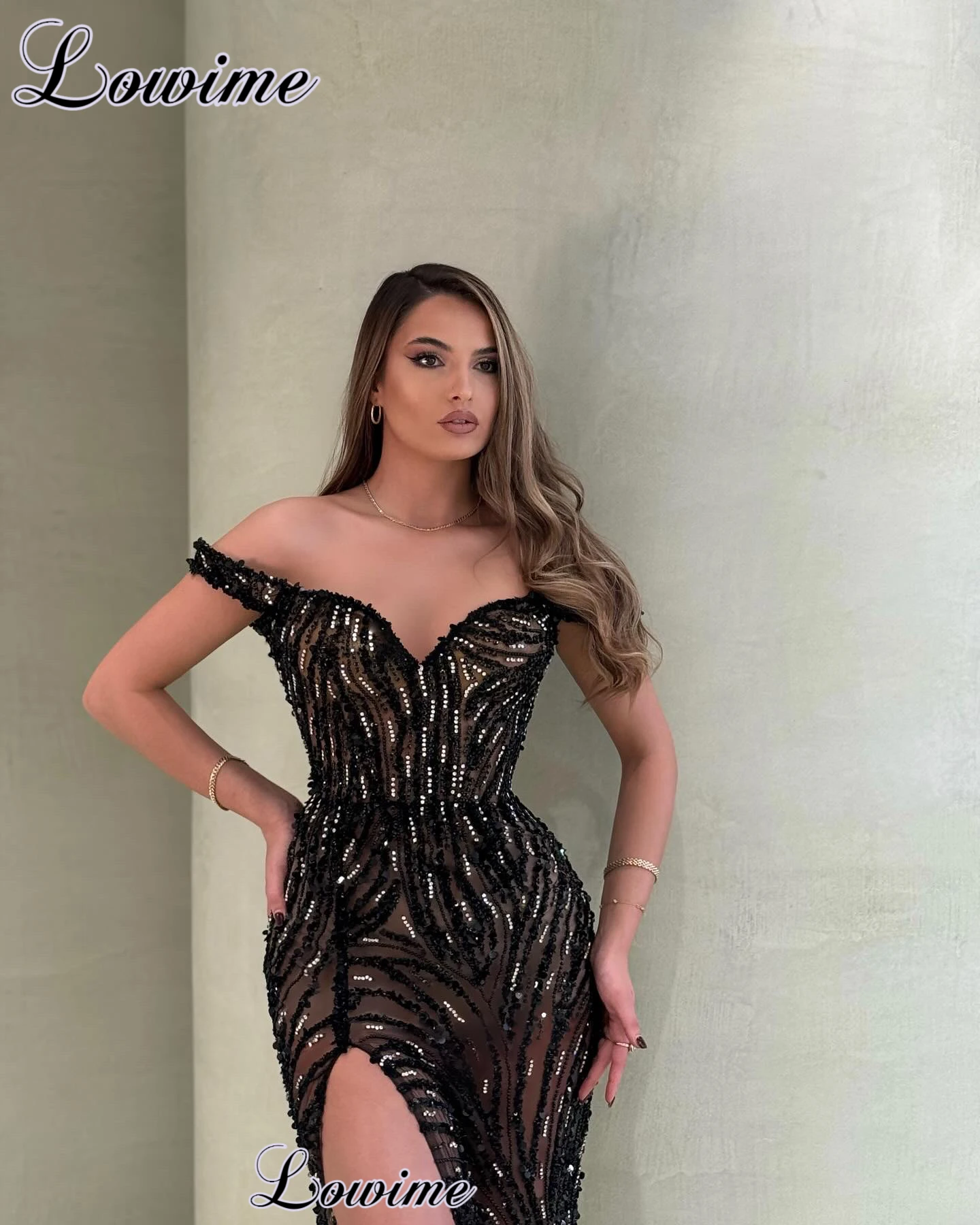 Black Sequined Prom Dresses With Small White Pearls Off Shoulder Sexy Cocktail Dresses Mermaid Vestidos De Cóctel Birthday Dress