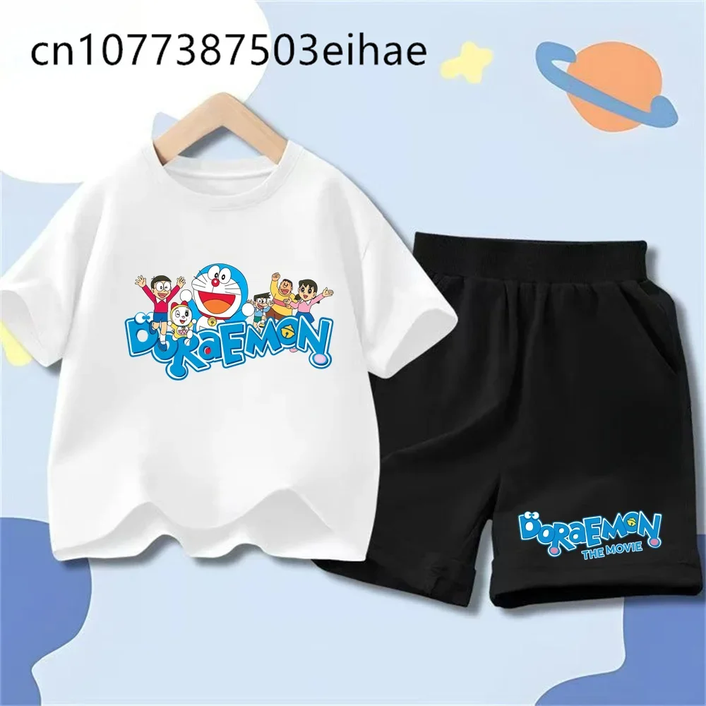 Doraemon Kids Summer Outfit 2-Piece Cute Pattern Short Sleeve Tee Sports Shorts Breathable Daily Play Wear Birthday Present