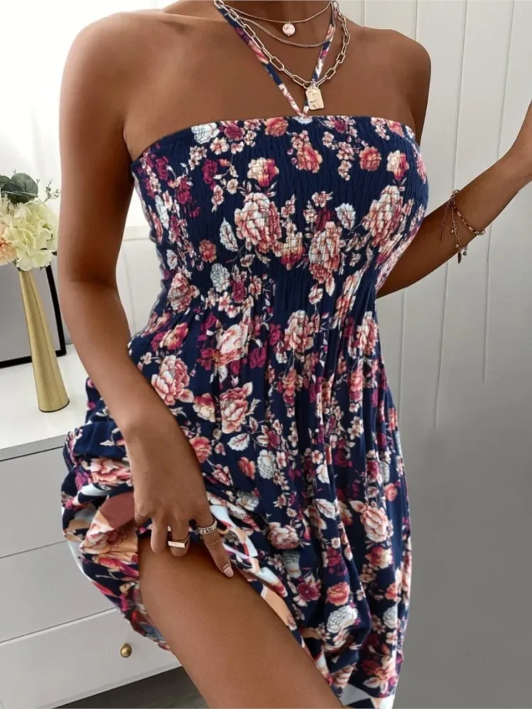 Mini abiti estivi senza maniche con scollo all'americana sexy per le donne Abito da spiaggia stampato con fiori Boho Abito da vacanza casual con collo a cinturino da donna