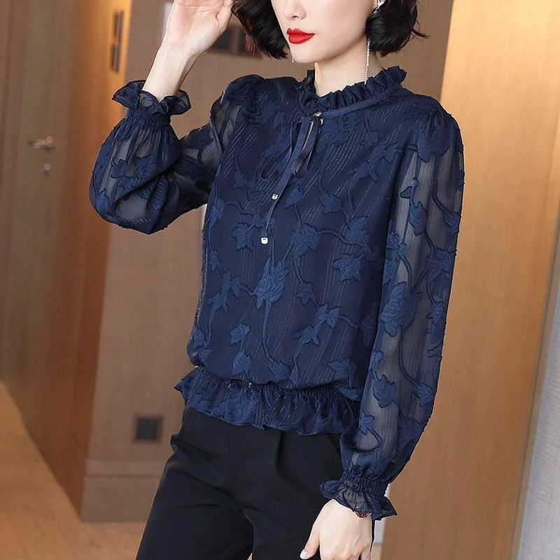 Spring Autumn Women Vintage Floral Printed Long Sleeve Chiffon Shirts Fashion Elegant Ruffle Lace Up Chic Blouse Tops Blusas 5XL