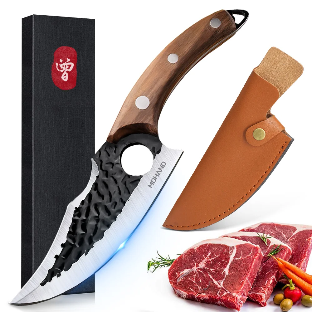 Stainless Steel Kitchen Boning Meat Cleaver Handmade Forged Knife Chef‘s Edge Machete with Hole and Brown Handle Cooking Cutter