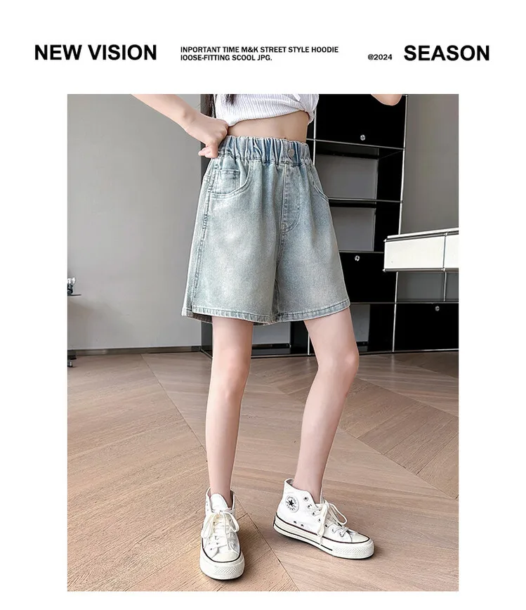 2026 Sommer Mädchen-Jeansshorts mit Schmetterlingsstickerei, Teenager-Shorts mit Elastischem Hohem Bund, Weite Beine, Lässige Streetwear für Kinder – Detail 3