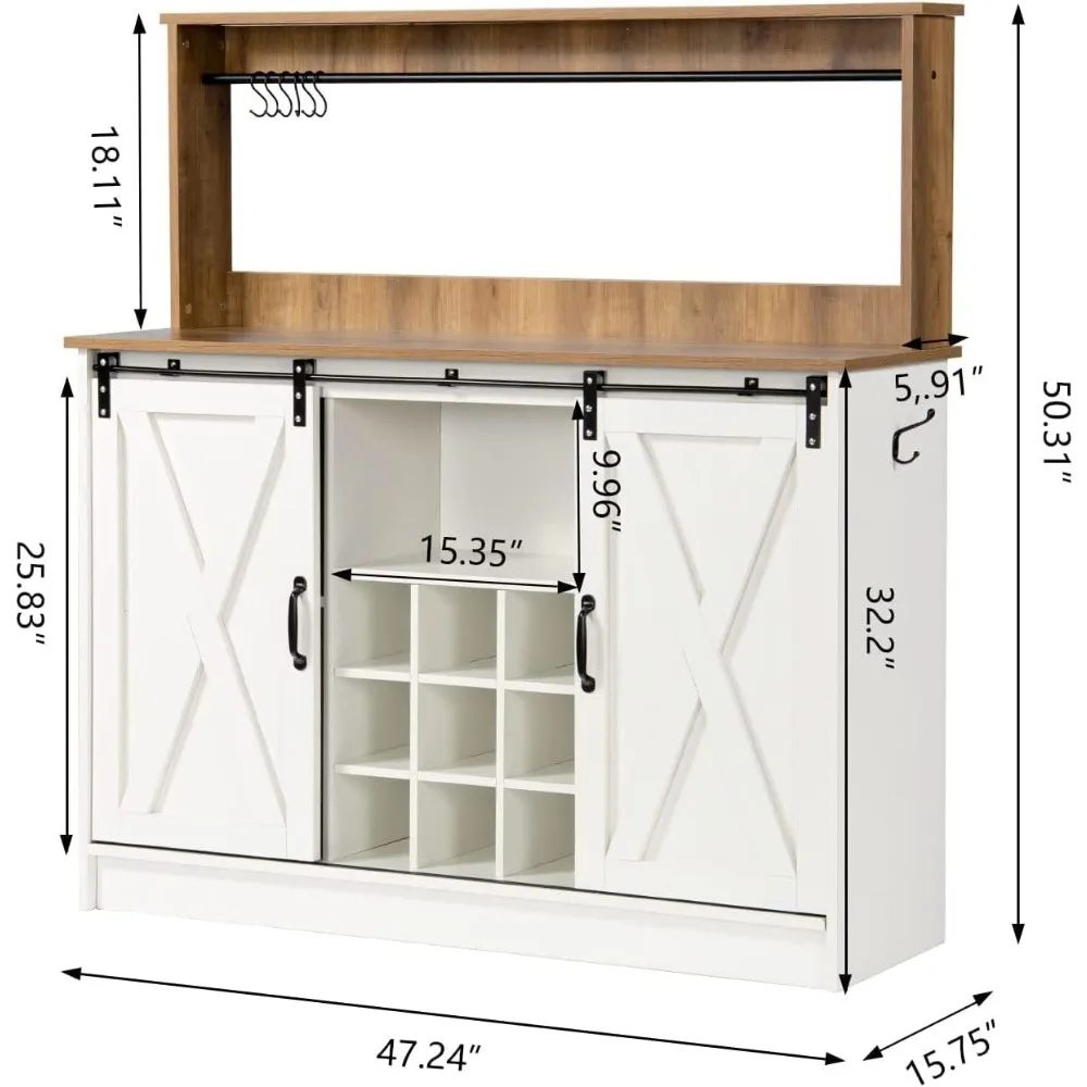 4ever2buy Bar kopi Farmhouse dengan 9 rak anggur dan 6 kait, Kabinet Bar kopi putih dengan Kabinet, kabinet prasmanan dapur dengan