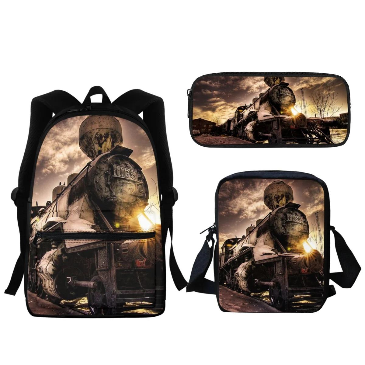 Steam Locomotive Train Design School Bag 3pcs/Set Boys Girls Kids Backpack Lunch Small Satchel Pencil Case Travel Laptop Bag