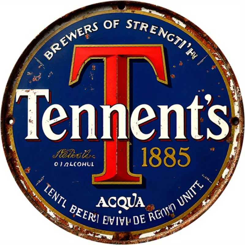 2D Flat, 1pc Tennent'S 1885 Brewery Vintage Metal Sign - Round Scottish Beer Wall Decor for Tennent'S Lager Themed Bar, Cellar &