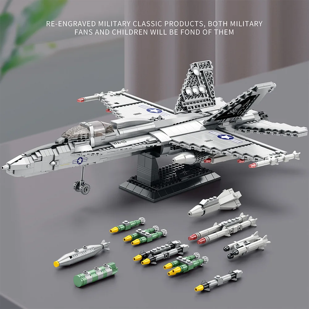 1387PCS Military F-18 Strike Fighter Aircraft Building Blocks MOC Carrier-Base Fighter Model Bricks Set Holiday Gifts Kids Toys