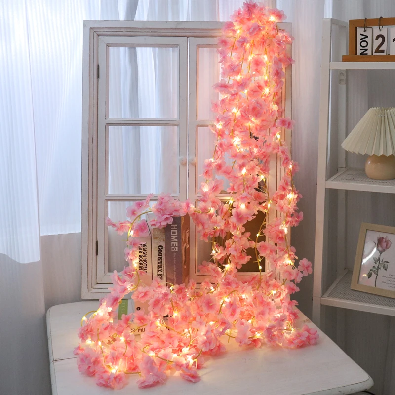 180CM Kirschblüten-Lichter-Girlande, künstliche Blume, rosa Rebe, Hochzeitsbogen, LED-Hintergrund, Dekor, Zuhause, Zimmer, Party, Girlande, Pastell – Detail 6