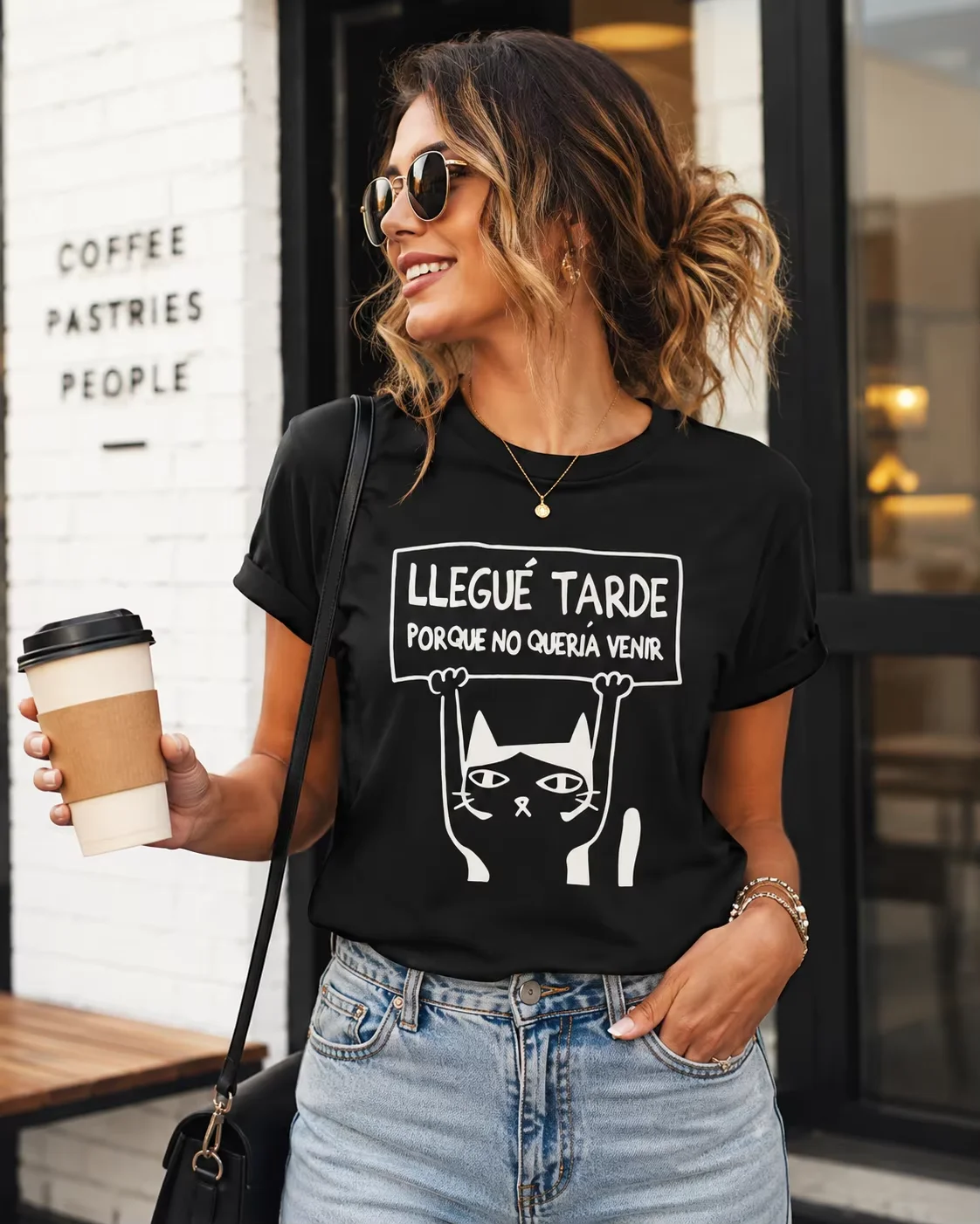 New Cute Cat Alphabet Print Women's T-Shirt “I'm Late Because I Didn't Want to Come” Women's Casual Short-Sleeve Crew-Neck Top C