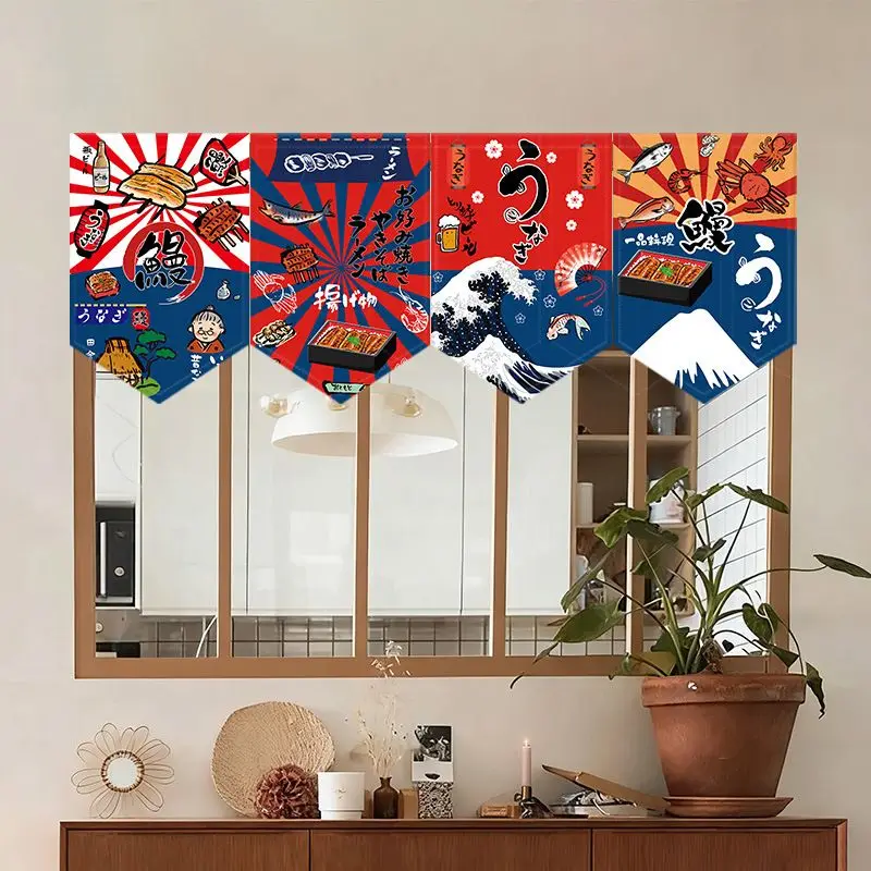 VIKAMA Japanese Ukiyoe Seafood Triangle Hanging Flag Short Curtain Sushi Lamian Noodles Shop Restaurant Kitchen Door Decoration