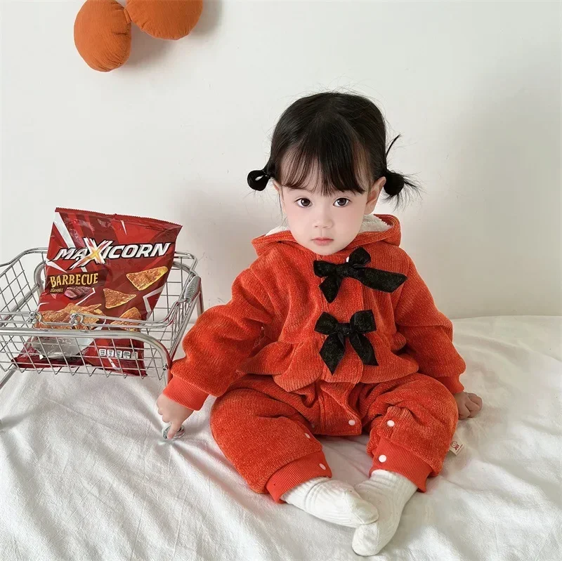 Infants Outdoor Wear Korean Style Thickened Fleece Romper for Girls - Cozy Warm Cotton Coat  Autumn/Winter Adventures