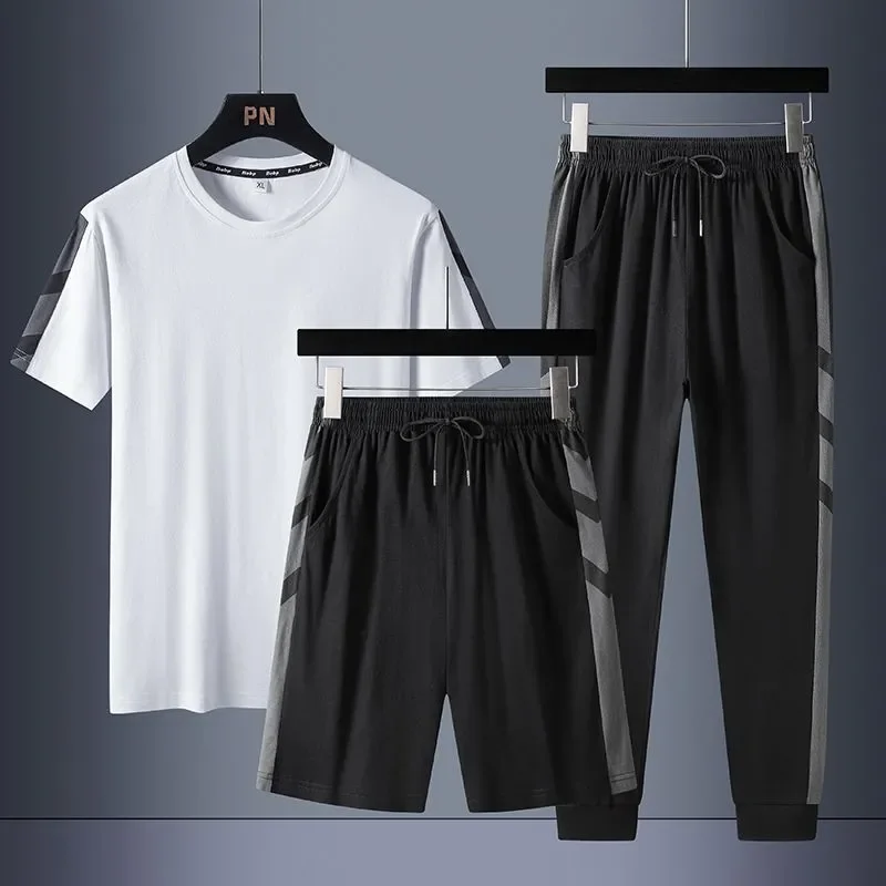Suit Men's Spring and Summer New Fashion Large Size Casual Short-sleeved Sportswear Three-piece Set