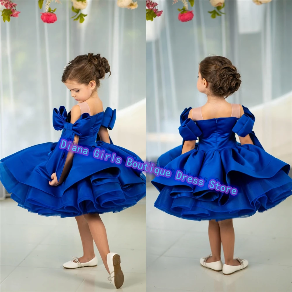 Quality Lovely Little Baby Girls Flower Girl Dress Royal Blue Satin Princess Ball Banquet Gown Kids Birthday Party Evening Gowns