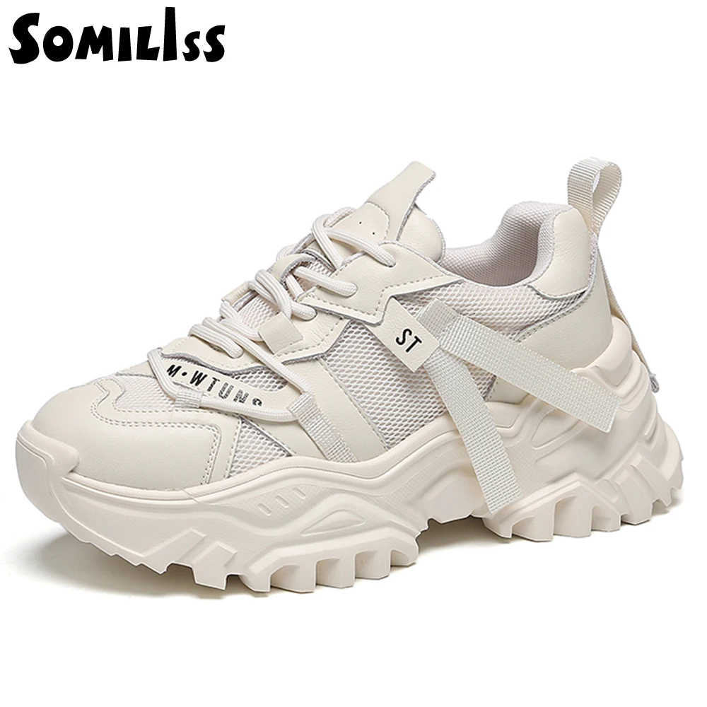 

SOMILISS Women's Chunky Platform Sneakers Genuine Leather Mesh Patchwork Ladies Fashion Breatheable Casual Sneaker Shoes