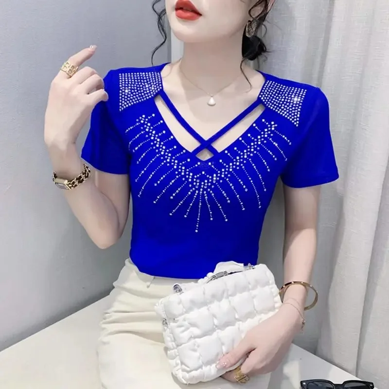 Woman Clothes Hollowed-out V-neck T-shirt Women's Short Sleeve Summer Fashion High-grade hot Drilling Fashion top  Loose Shirt