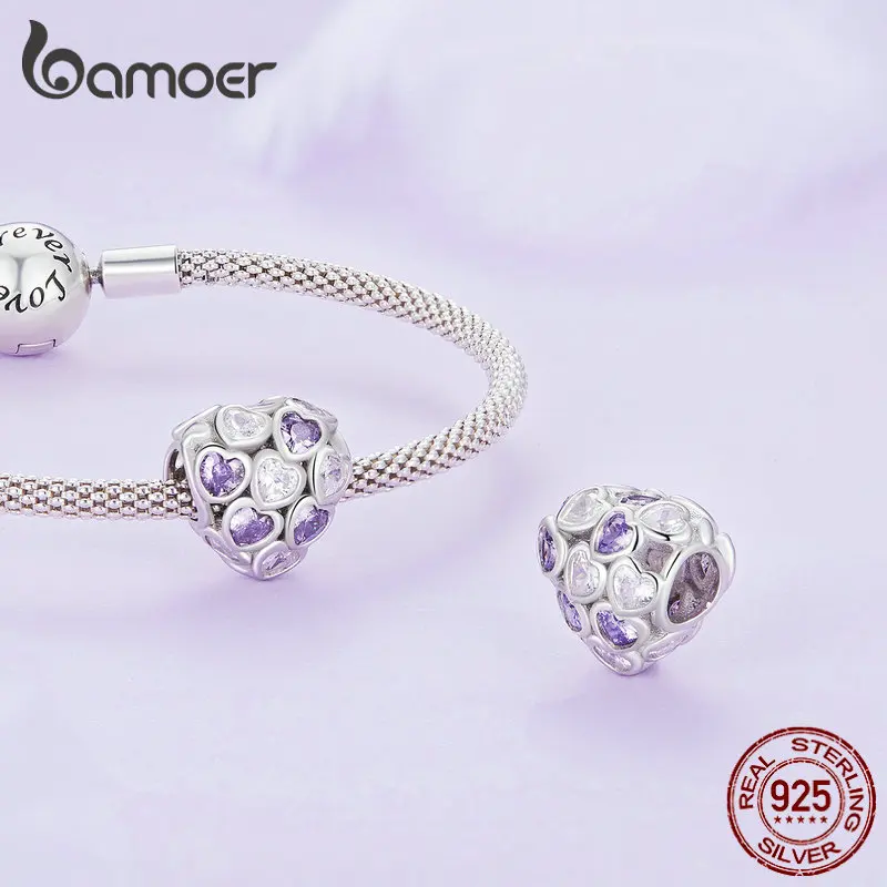 Bamoer 925 Sterling Silver Infinite Love Bead Purple Heart Zircon Charms for Women Bracelet and Necklace DIY Fine Jewelry image 6