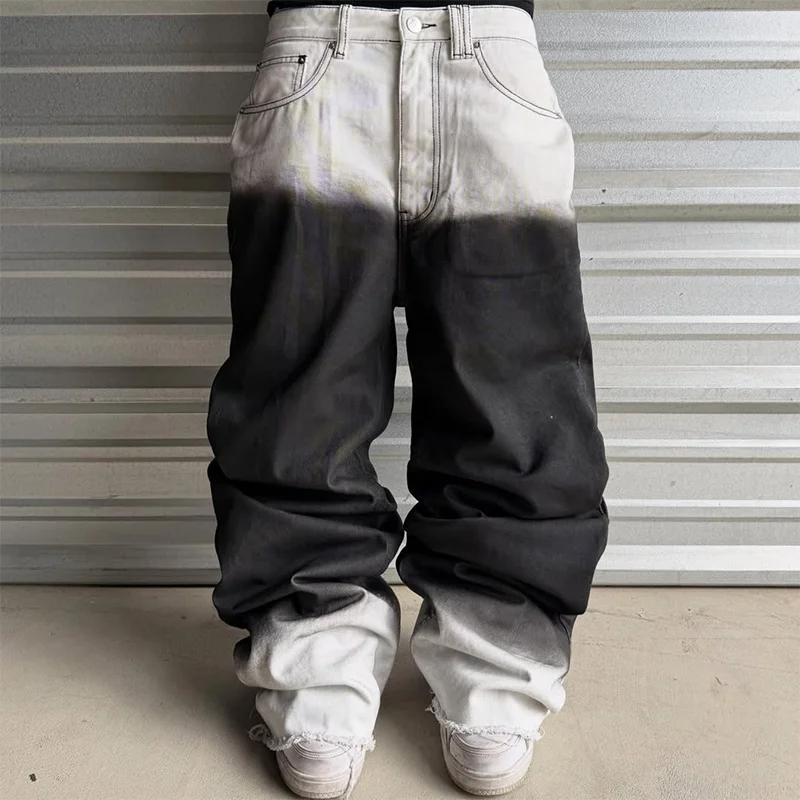 

Джинсы Y2K высокого качества, винтажные, черно-белые, с эффектом градиента, свободного кроя, прямые, для мужчин и женщин, модные, повседневные, стритстайл