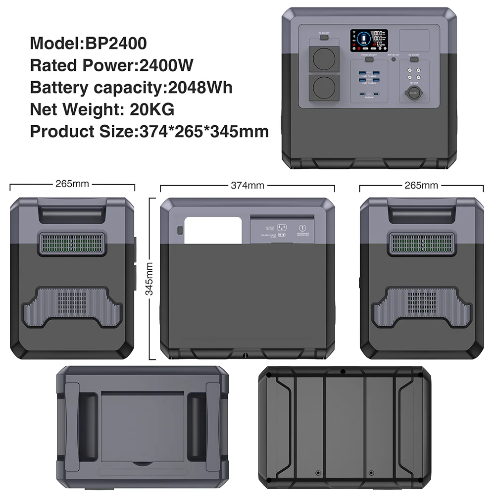 Fast Charging Digital Display Emergency Flashlight Solar Panel Charger AC DC XT60 2400W Pure Sine Wave Portable Power Station