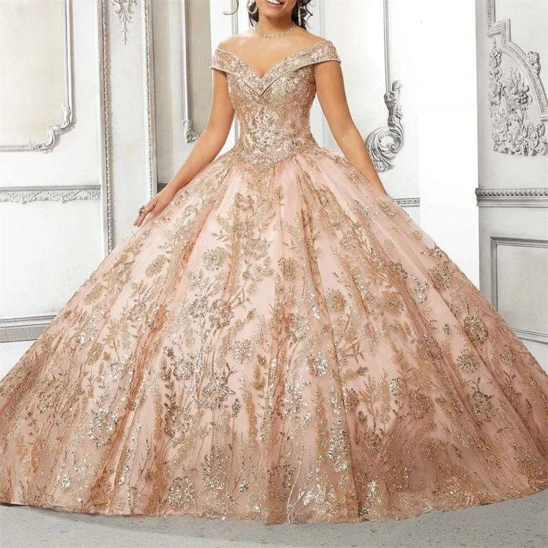 

Light Pink Shiny Off The Shoulder Quinceanera Dresses Voluminous Sequins Applique Lace Beaads Tull Party Birthday Vestido De 15