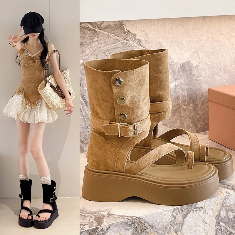 Women's Summer Bohemian Platform Roman Shoes Ladies High Heels Sandals Trendy  Hollow Cool Boots Western Cowboy Clip Ankle Boots