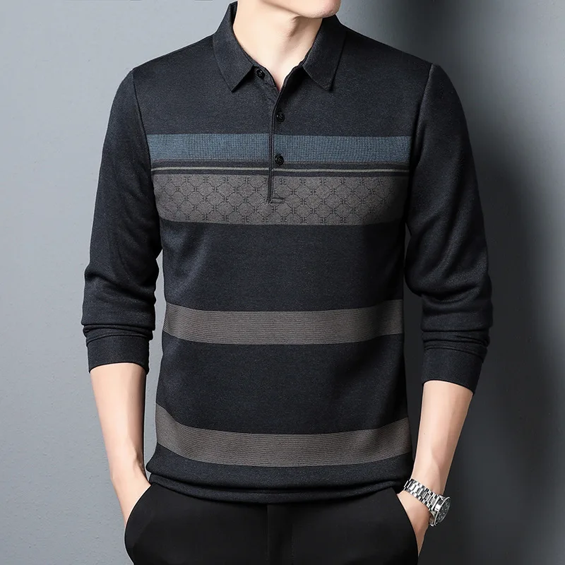 2023 New Men\'s Autumn Clothes Top Long-sleeved T-shirt Fashion Casual Men\'s Loose Striped Polo Shirt