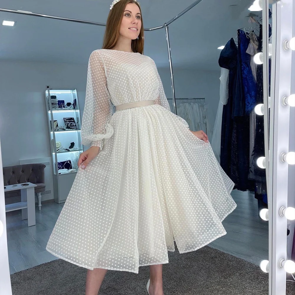 Punkt Hochzeit Kleid Lange Puff Sleeve Mit Gürtel Knie Länge Für Frauen Nach Maß Brautkleider Licht Cham Robe De mariee