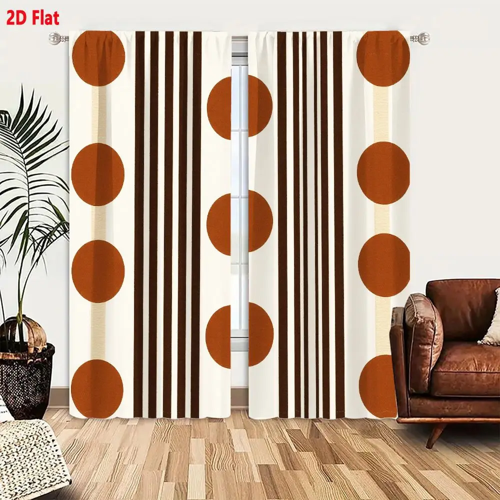 2Pcs Curtains 2D Flat Earthy Brown Beige Geometric Pattern Decorative Background With Vertical Stripes And Circles Symmetrical M