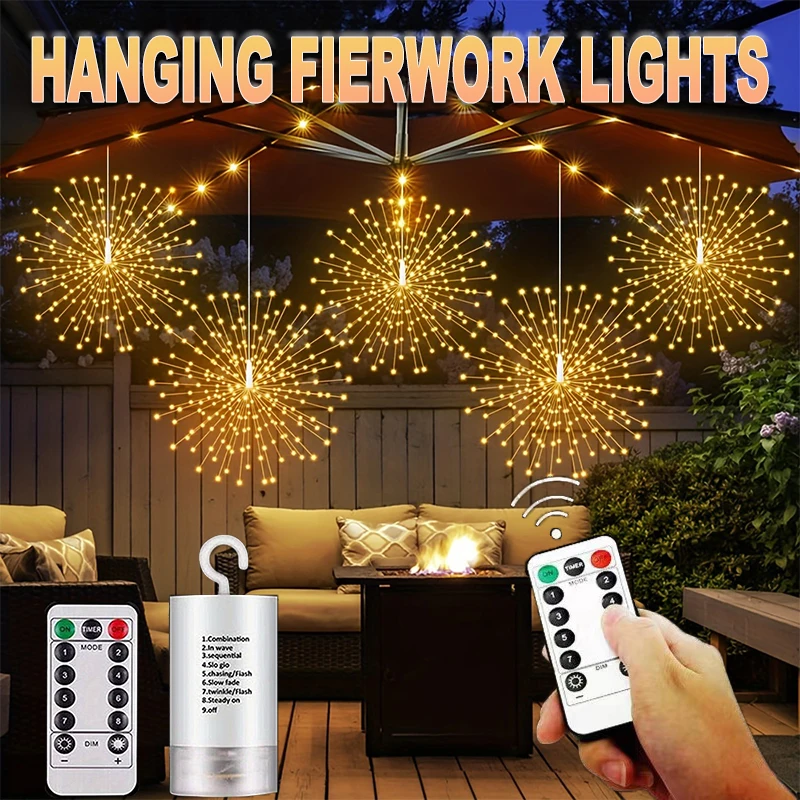 أضواء الألعاب النارية LED مع جهاز تحكم عن بعد، 8 أوضاع إضاءة، مقاومة للماء، ديكور عيد الميلاد والهالوين، حفلة داخلية وخارجية، حديقة الزفاف DIY