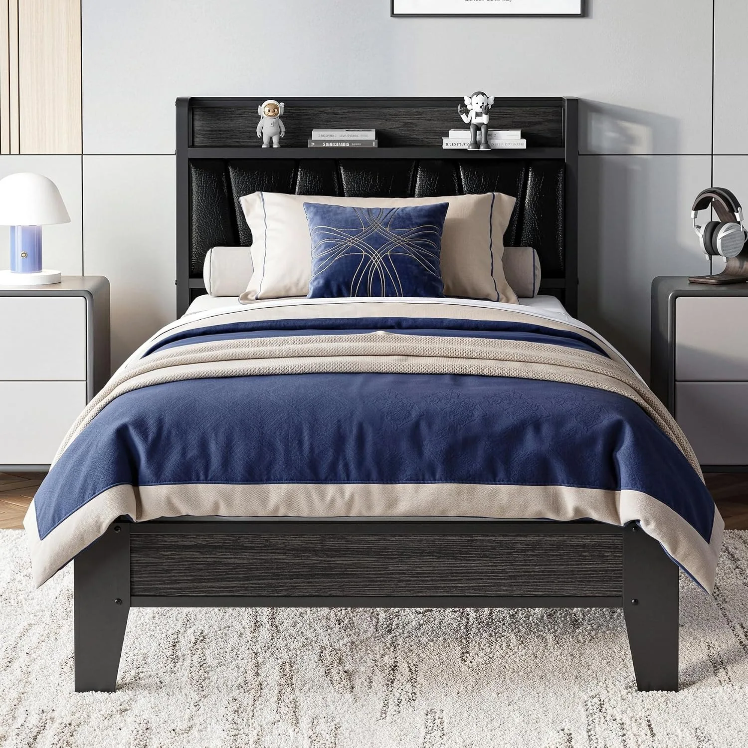 Bed Frames, PU Leather Storage Headboard with Charging Station, Solid and Stable, Noise Free, Customized