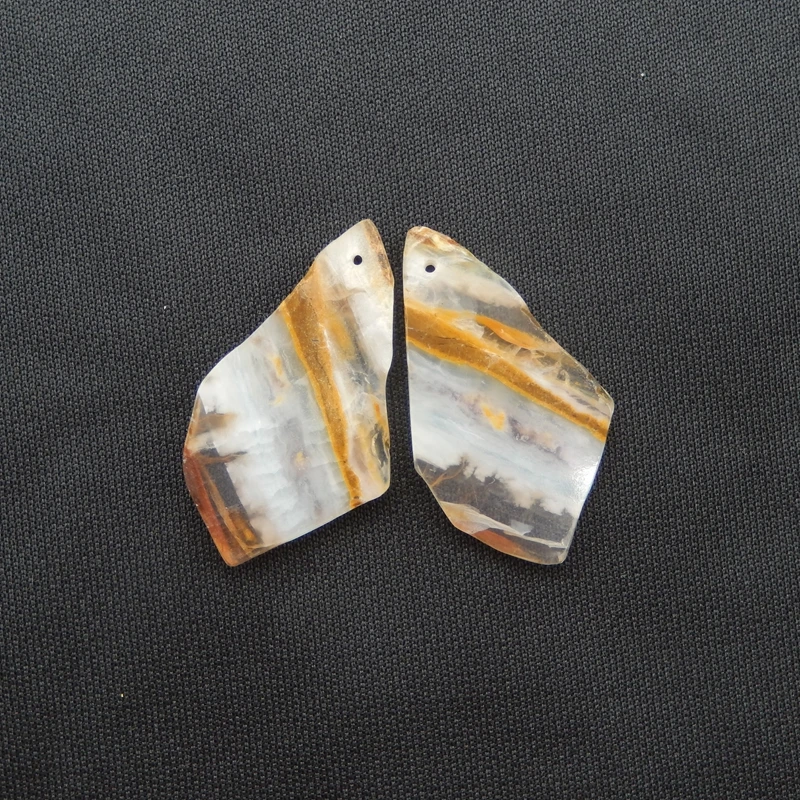 Polished Agate Freeform Earring Pair – Natural Banded Gemstone with Earthy Inclusions for Artisanal Jewelry 38x21x3mm-6.4g