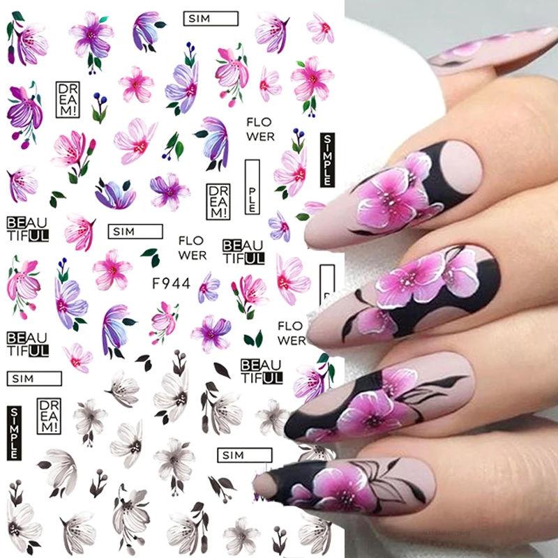 

3D Flower Petal Nail Stickers Purple Pink Tulip Leaf Clover Summer Avocado Fruit Geometric Line Floral Manicure Decoration