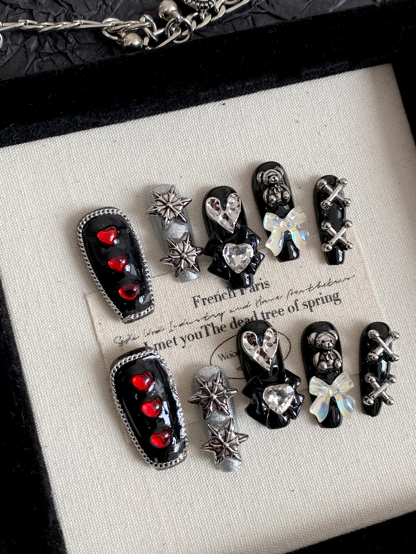 Dark Gothic Handcrafted Press‑On Nails, Black & Metallic Silver Tone, 3D Red Heart Gems, Metal Bear, Star Ornaments & AB Bow