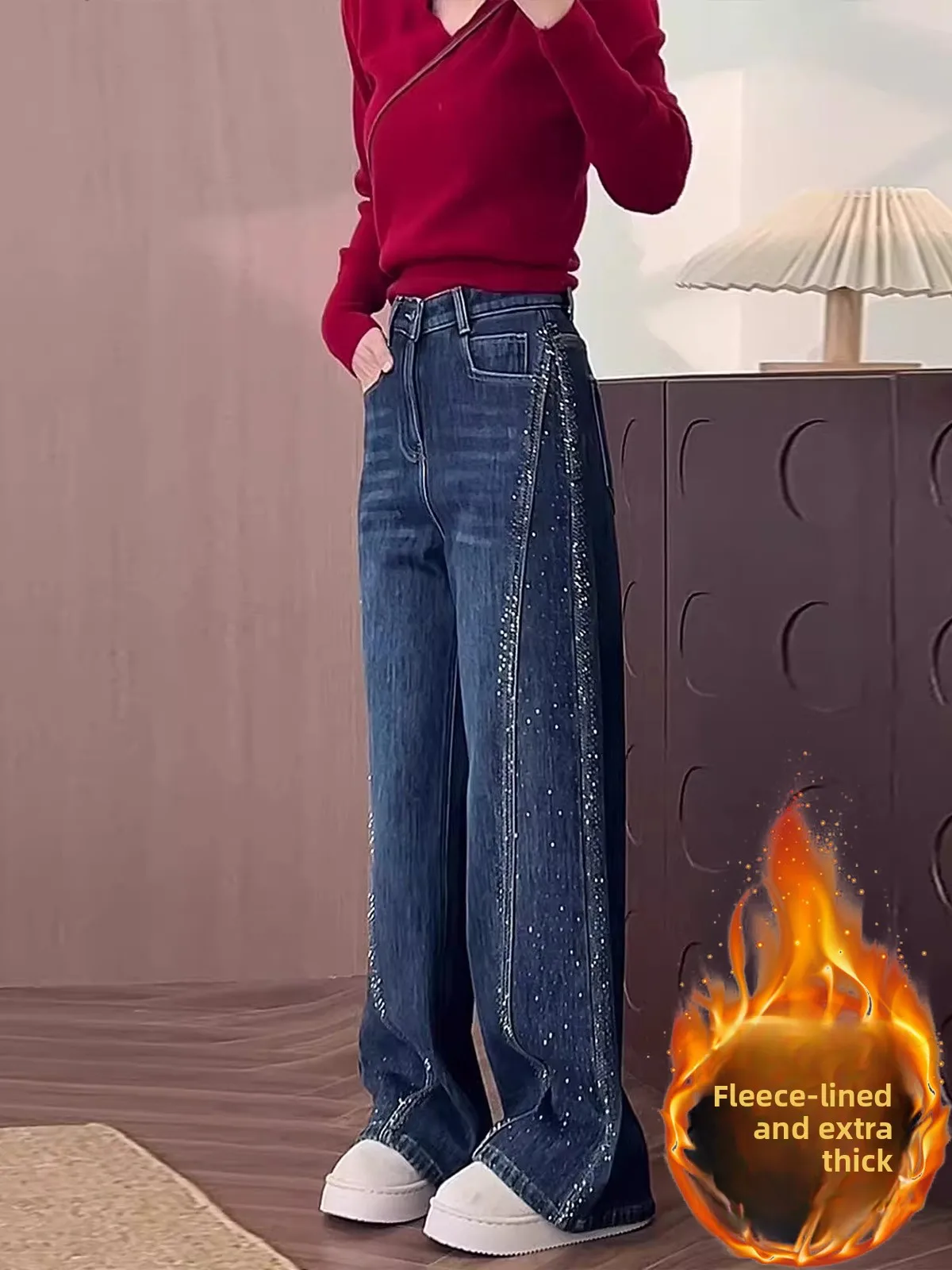 

High Waist Flared Jeans Women's Sle Spring 2026 Fce Lined Straight Leg Rhinestone Design Casual Comfortable Wide Leg Pants