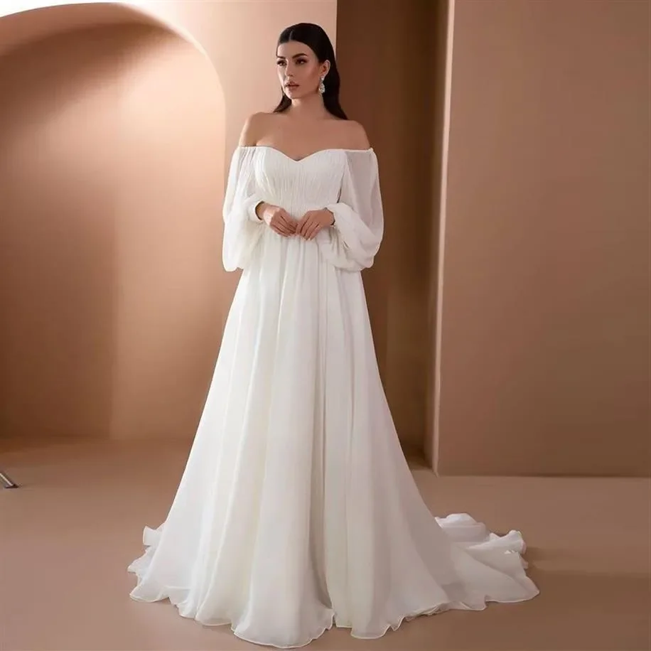 Einfache böhmische Hochzeits kleid sexy rücken freie Linie Ausschnitt Langarm plissiert A-Linie Brautkleid Strand im Freien Hochzeit