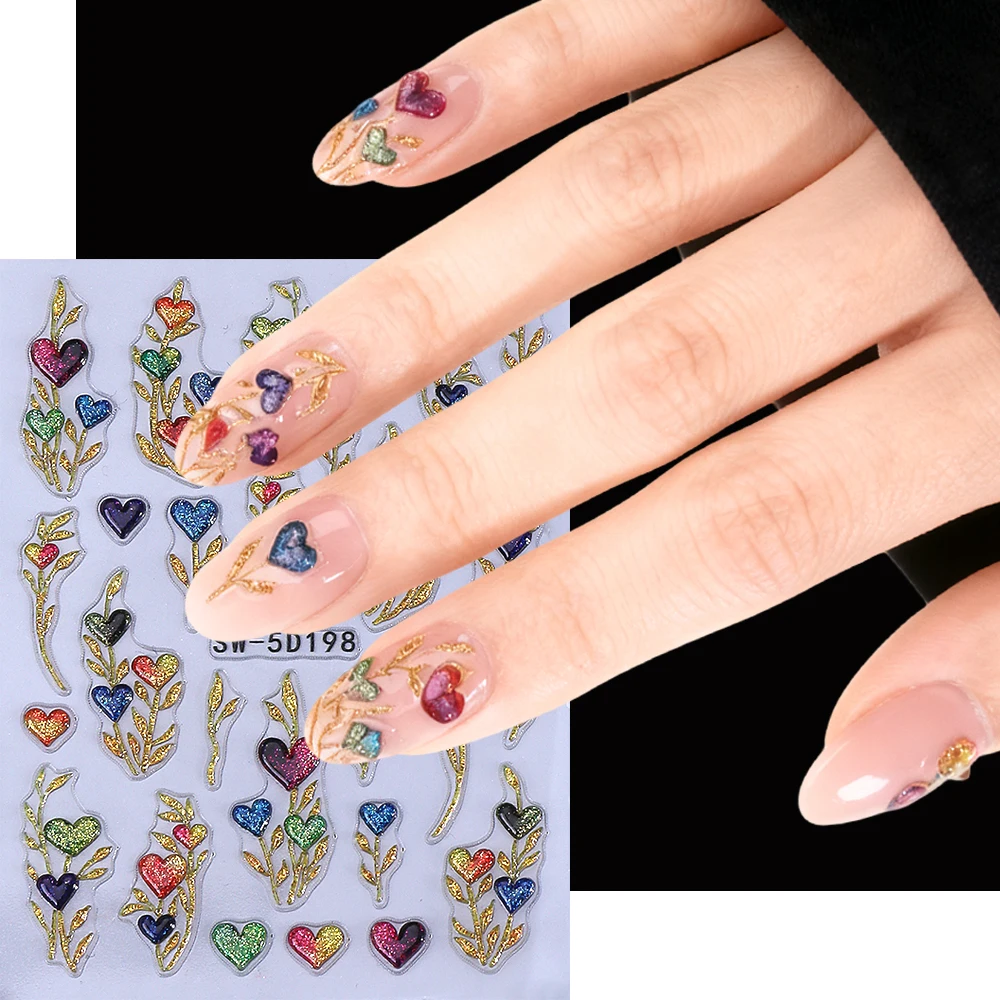 1/3pcs 5D Glitter Love Heart Nail Stickers Adhesive Bohemian Sun Moon Star Nail Slider Decals Valentine's Day Manicure DIY Decor