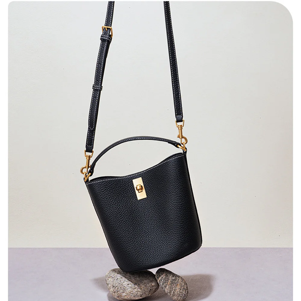 New Cow Leather Bucket bag Large Capacity Casual Simple Retro Single Shoulder Handbag Crossbody Bag