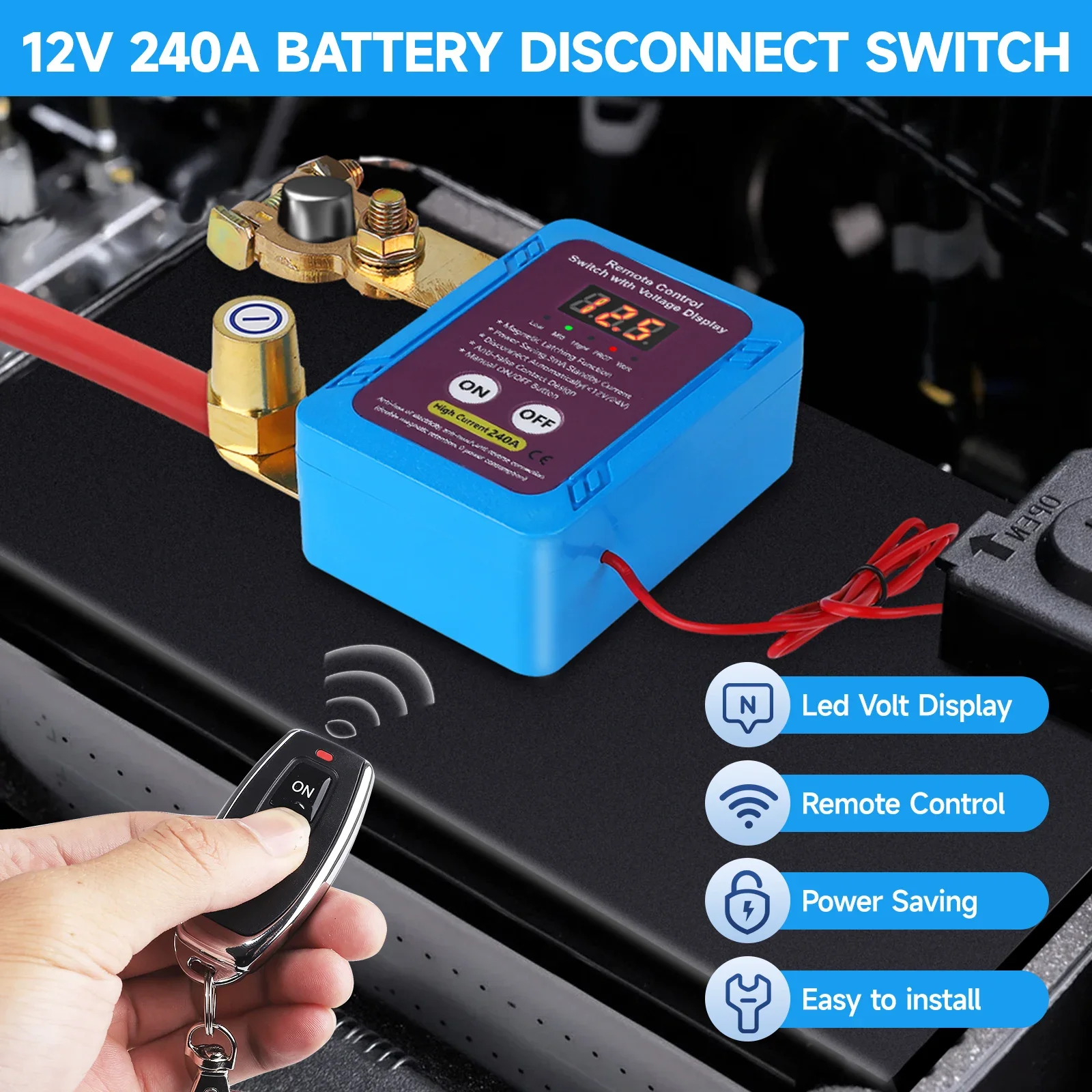 Interruptor de desconexión de batería con Control remoto, pantalla Led, ahorro de energía automático, antirrobo para coche, camión, barco, RV, Camper, 240A, 12V