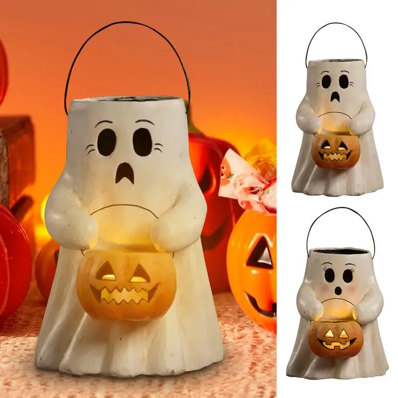 

1Pcs Halloween Ghost Pumpkin Lantern Light Resin Scary Spooky Ghost Sculpture Decorative Figurine Candy Bag Party Props gifts