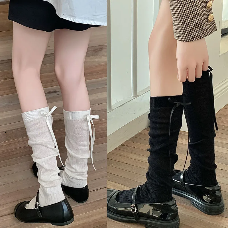 

Модные женские носки JK с бантом и лентами, черно-белые носки в стиле Лолиты, милые средние носки-трубы, гольфы, однотонная уличная одежда для девочек