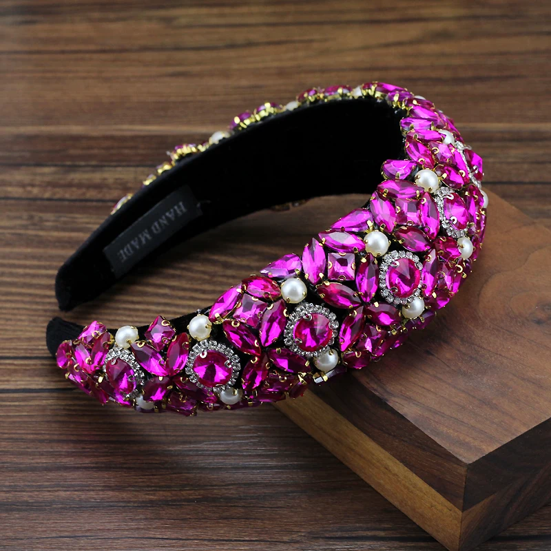 Handmade Gorgeous Hot Pink Full Crystal And Pearl Baroque Hairbands Bridal Padded Headbands For Women Wedding Party Hair Jewelry