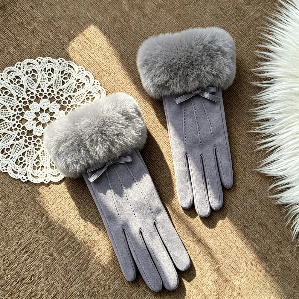 Faux Suede Material Winter Warm Gloves Thick Fleece Lined Furry Cuff Touch Screen Gloves Warm Thermal Layer Bow Decor