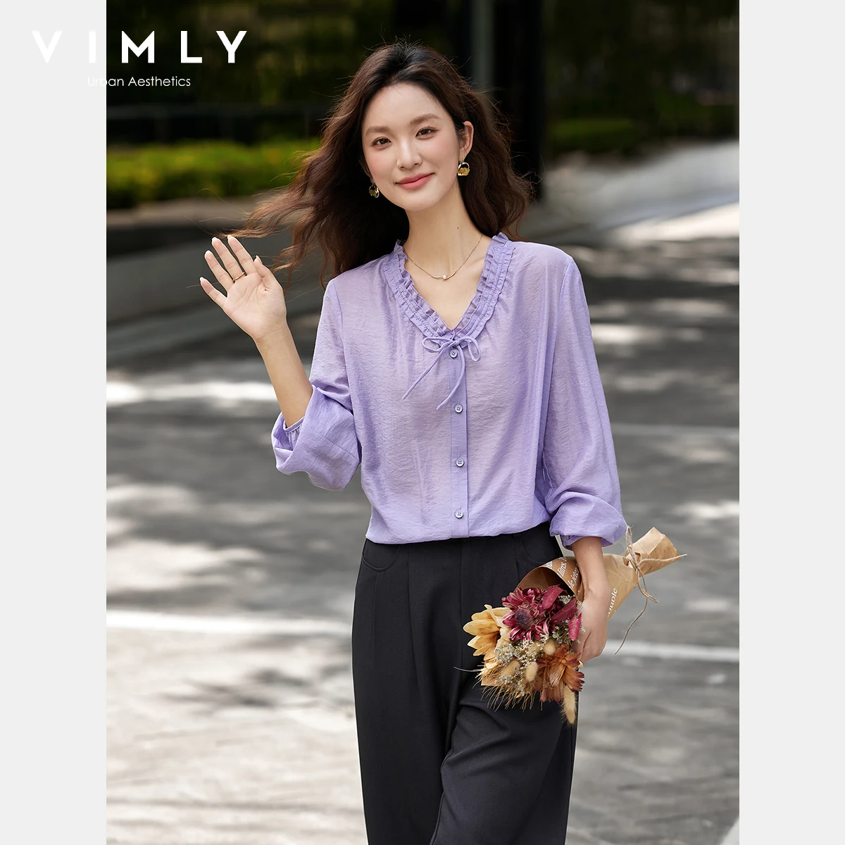 

VIMLY Elegant Womens Purple Blouses Casual Ruffled V-neck Tie Ladies Blouse Autumn 2025 New Long Sleeve Loose Female Tops A3012