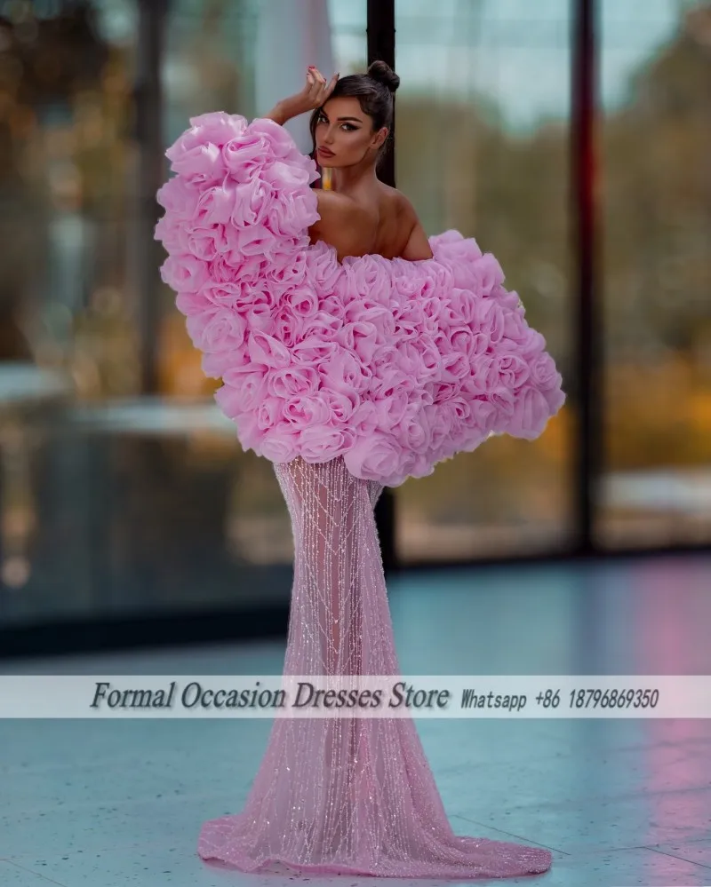 Modest Pink Evening Dresses With Shawl Beading Mermaid Prom Dress 2026 Flowers Sweep Train See Through Party Gowns Customized