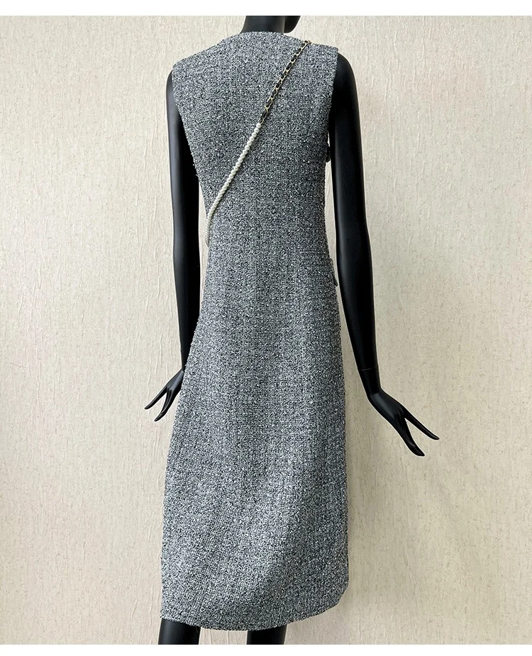 2024 Spring Autumn Fashion Women\'s High Quality V-neck Sleeveless Tweed Dress C705