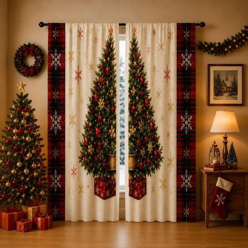 VIKAMA Christmas Blackout Curtains Green Reindeer Sleigh Ornament Pine Snowflake Print Window Drapes For Living Room Bedroom