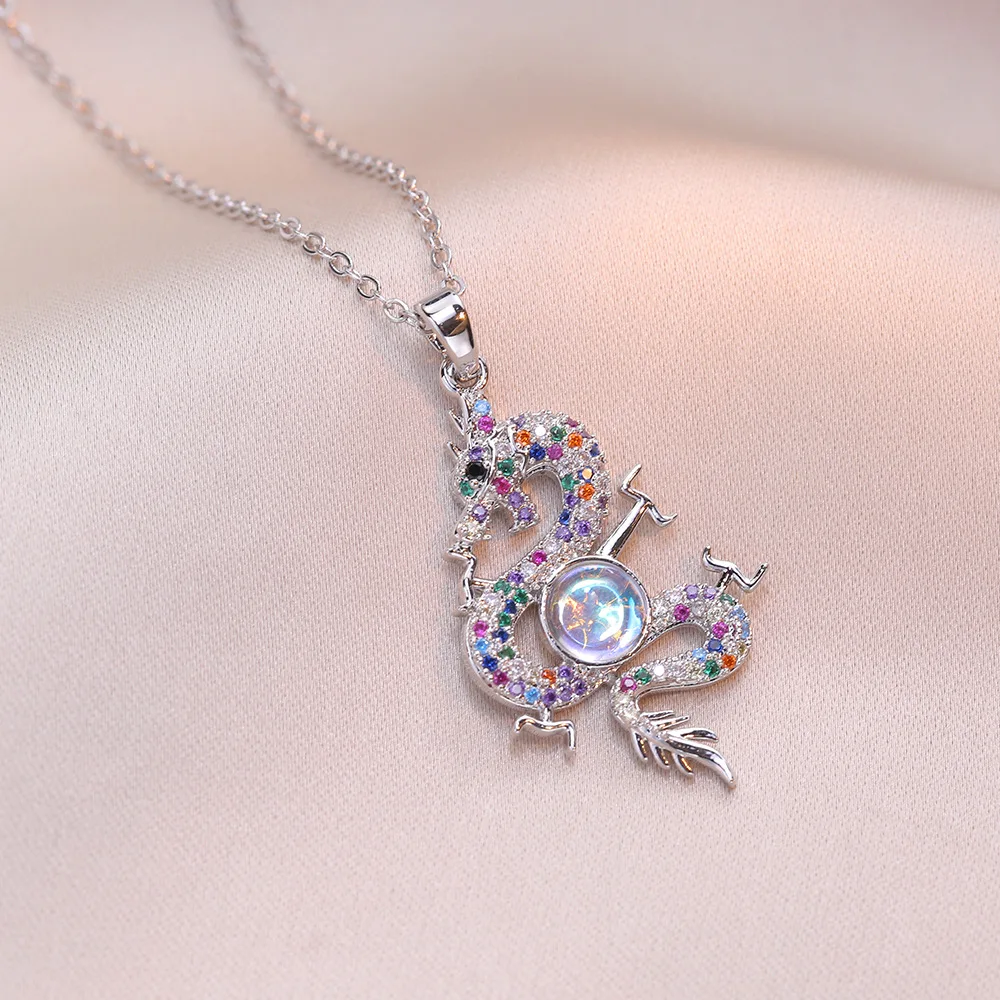 Classic Chinese Style Exquisite Auspicious Dragon Signet Pendant Necklace for Men Charm Fashion Lucky Moonstone Amulet Jewelry