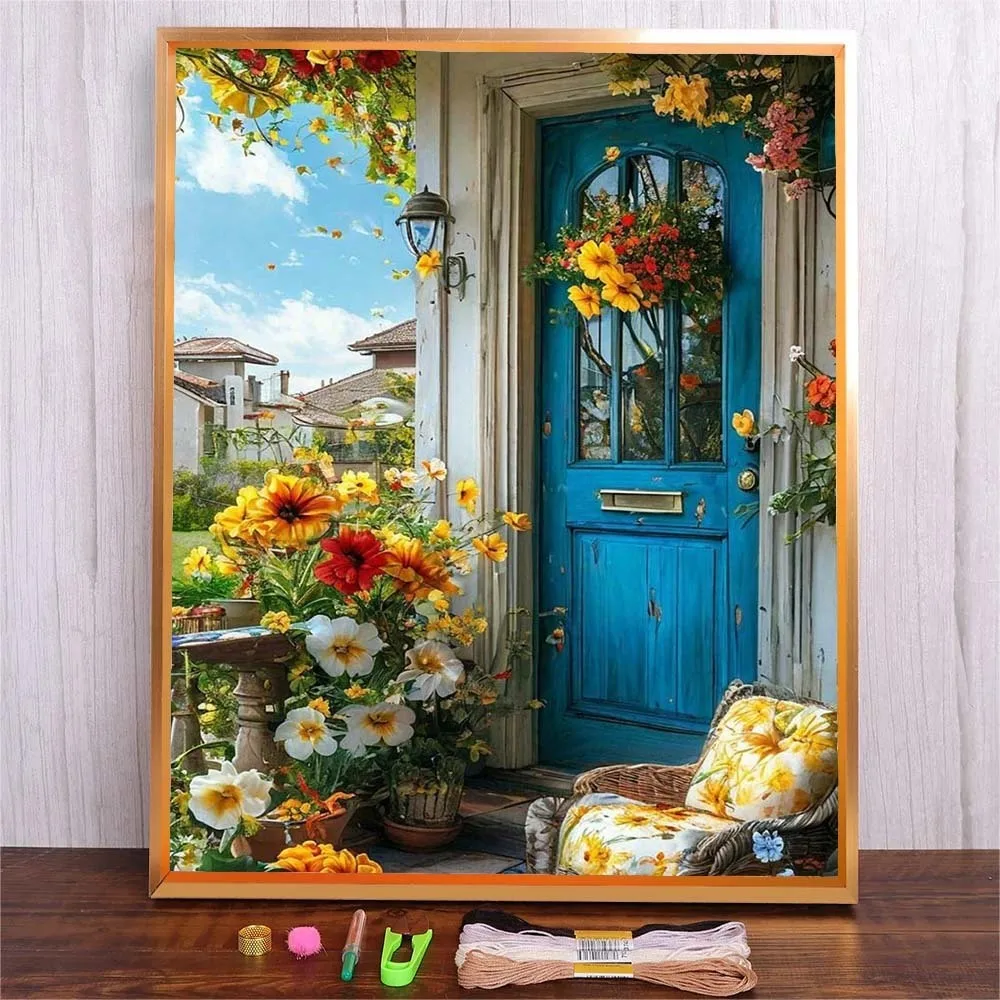 

Beginner Adult Embroidery Material Flowers Door Pattern Cross Stitch Full Printed Canvas Kit DIY Handicraft Art For Living Room