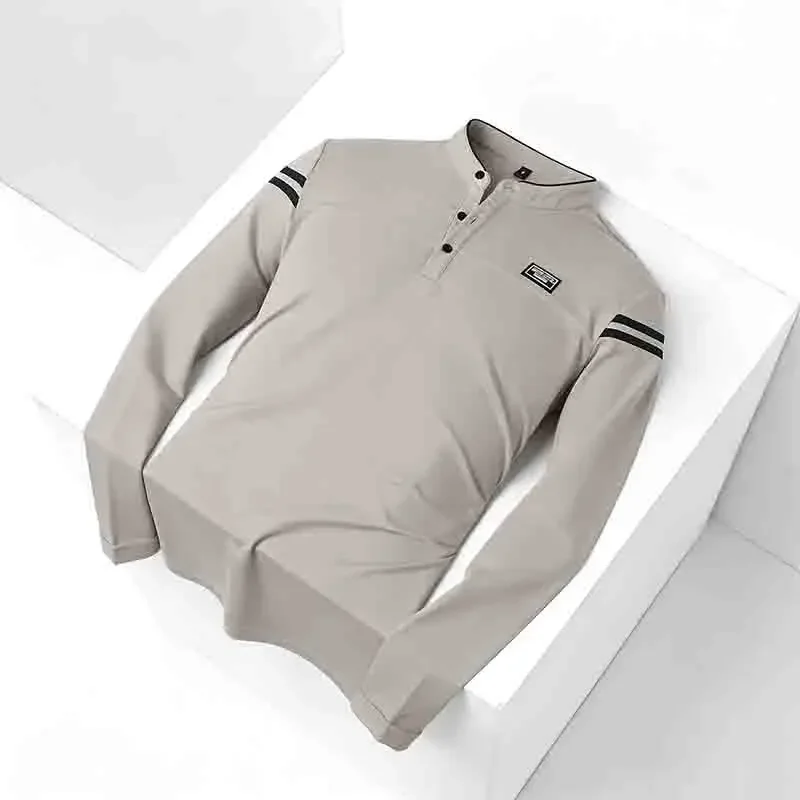 Durable Navy Mandarin Collar Polo Shirt Long Sleeve Wrinkle-Resistant Business Work Shirt