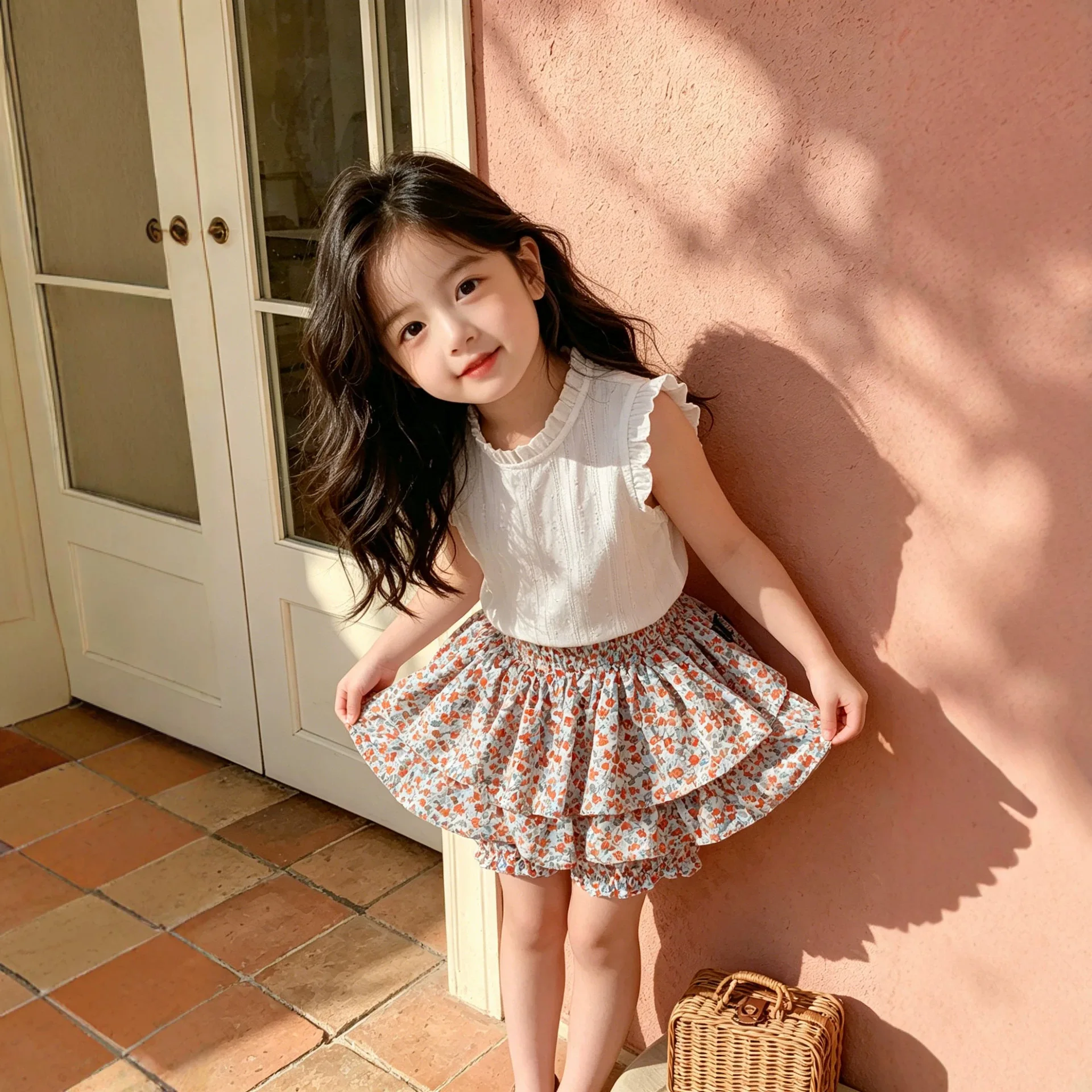 2026 Summer New Girls Floral Cake Dress Pants Two-Piece Set Baby Stylish Versatile Little Flutter Sleeve Vest and Shorts Set